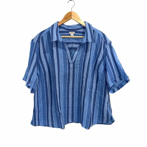 L.L. Bean NWT Coastal Cloud Gauze Polo Blue Striped Blouse Size 2X PLUS - Picture 2 of 6